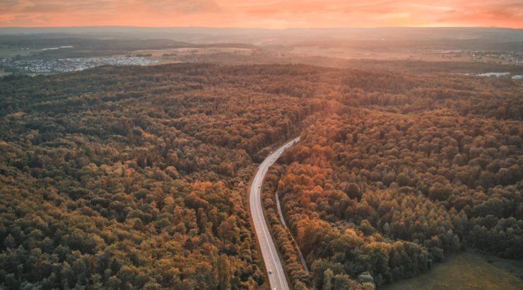 Luftbild einer Straße durch Wald, im Hintergrund der Horizont in der Abenddämmerung