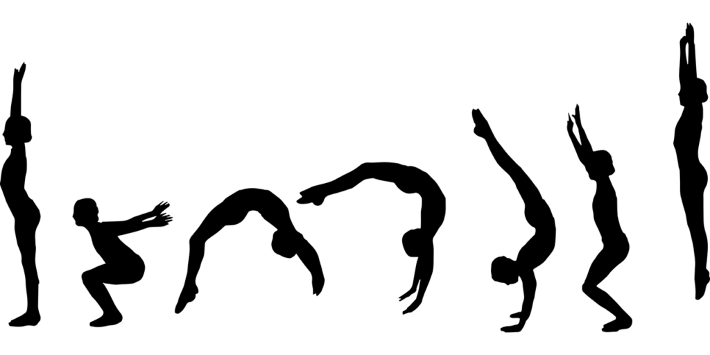 in schwarz dargestellte Frauengestalt auf weißem Hintergrund, die in sieben Positionen den Ablauf eines Rückwärtssaltos zeigt.