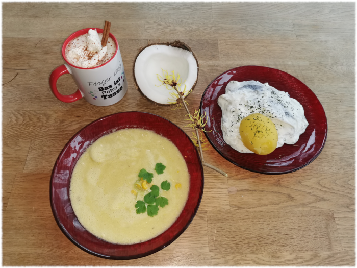 Mais-Kokossuppe, Matjessalat, heiße Schokolade - arrangiert auf einem Holztisch mit einer halben Kokosnuss und einem Zaubernuss-Zweig als Deko
