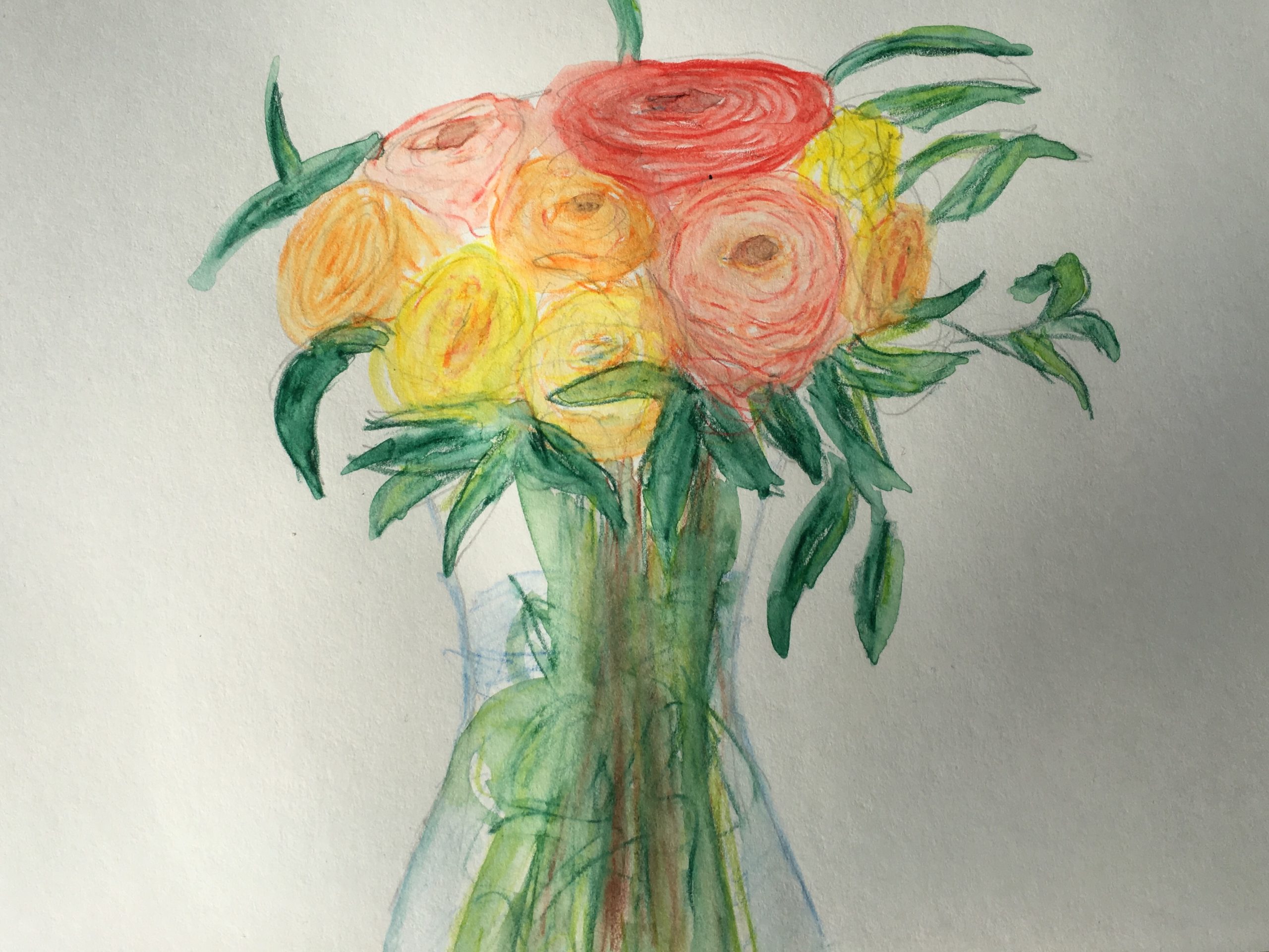 Zeichnung eines bunten Blumenstraußes in einer durchsichtigen Vase