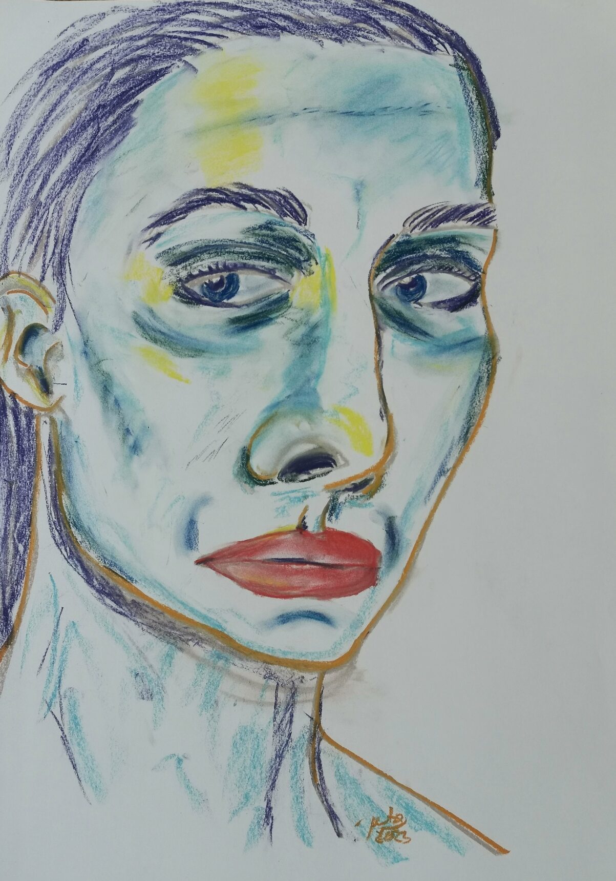Zeichnung eines leicht seitlich geneigten Frauenkopfes mit Betonung auf Augen und Nase - in blau, türkis gehalten