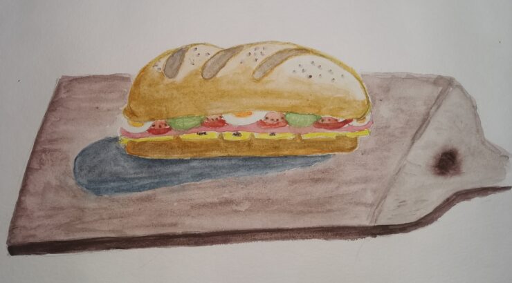 Sandwich mit Schinken, Käse, Tomate, Gurke, Ei auf einem Brett, Aquarell