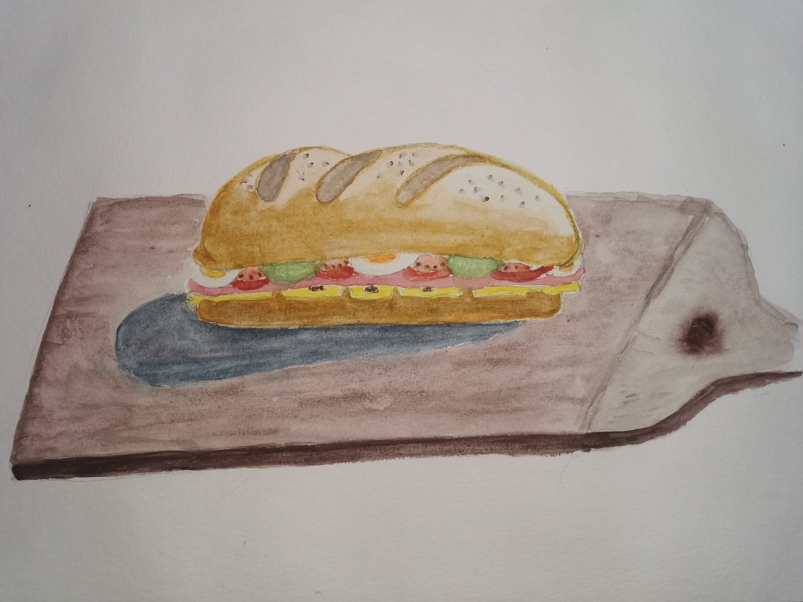Sandwich mit Schinken, Käse, Tomate, Gurke, Ei auf einem Brett, Aquarell